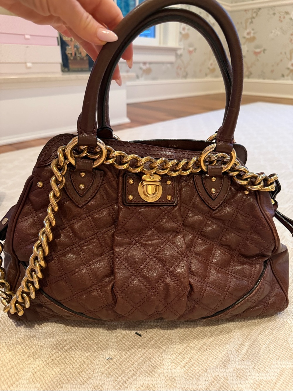 Marc Jacobs Lg/XL diamond Quilted burgundy Leather Satchel with Gold Chain.